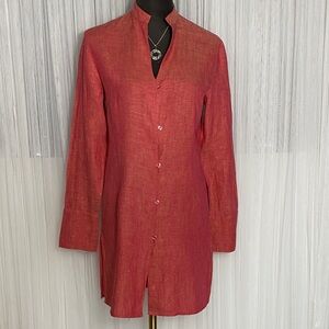 Tristan & Isseut 100% Linen Tunic Asian Collar Heather Coral/Yellow Button Med